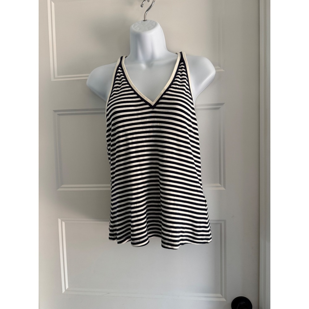 Maeve Anthropologie Striped V-Neck Racerback Tank Top Navy White Medium - Picture 2 of 8